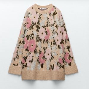 ZARA FLORAL OVERSIZE JACQUARD KNIT SWEATER SAND MULTICOLOR